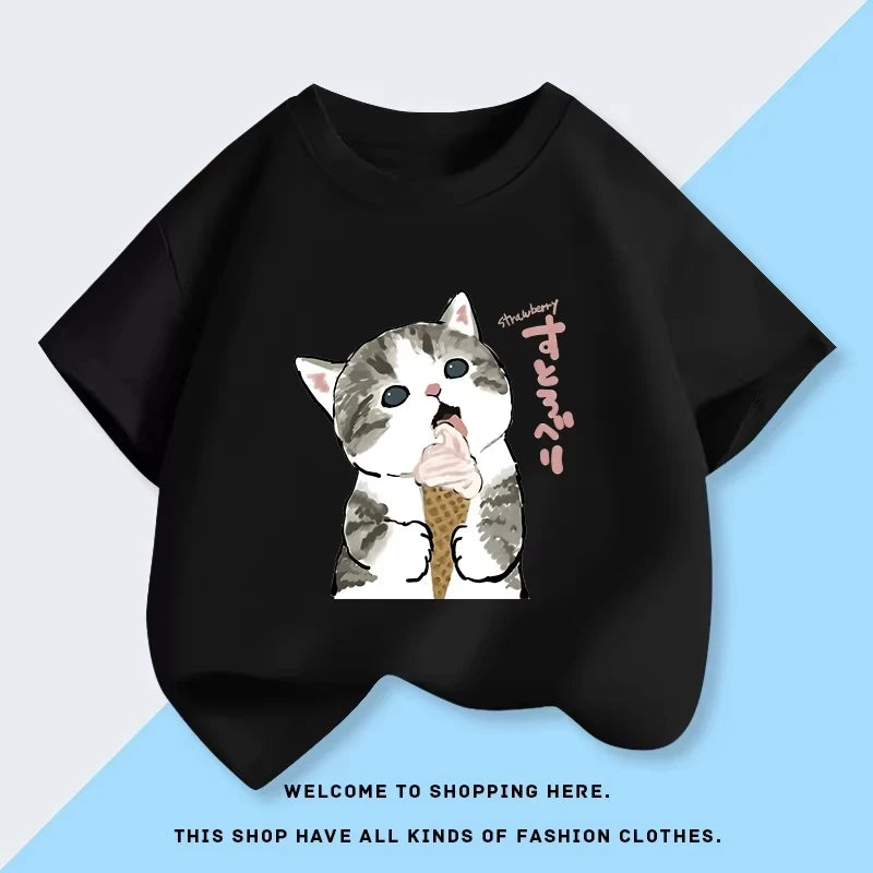2026 New Mofusand Cat Girl's Clothing Short Sleeved T-shirt Baby Pure Cotton Top Summer New Clothes Children's Base Shirt