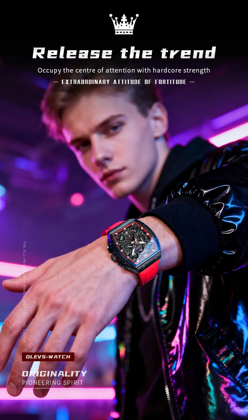 OLEVS 2942 Men Watch Automatic Calendar Waterproof Luminous Moonphase Watch Top Brand Tonneau Large Dial Hollow Men Quartz Watch