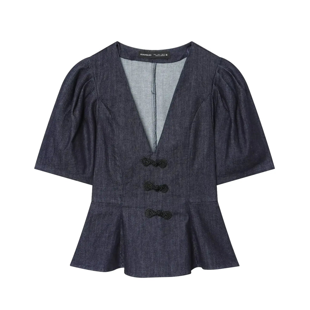 Denim Women's Shirts Blouse 2026 Summer New Fashion Slim V-neck Blouses Women's Summer Chic Travel Holiday Youth Shirts Tops