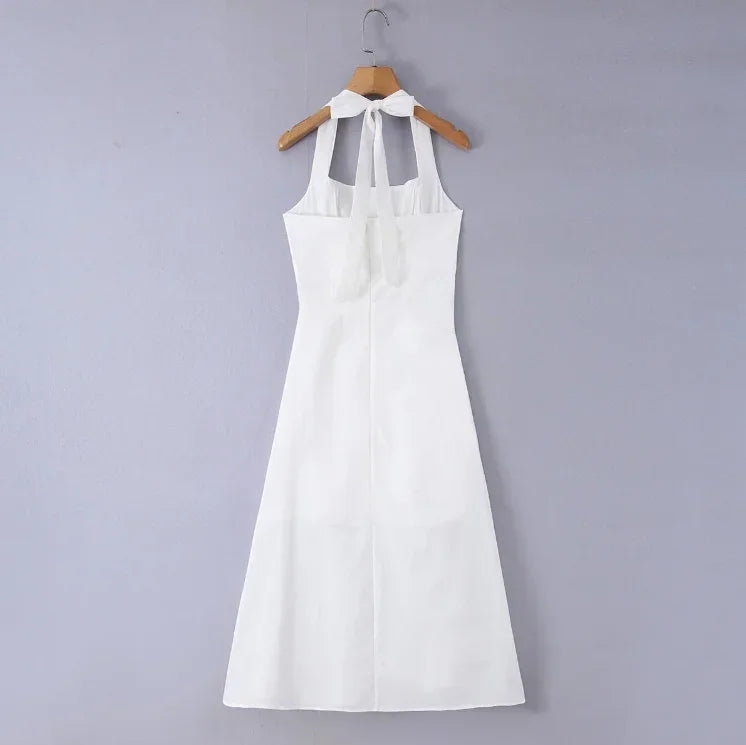 Chic Women White Ruched Waist Maxi Dress Sexy Sleeveless Halter Neck A Line Vestidos Elegant Daily New Party Street Summer Gowns