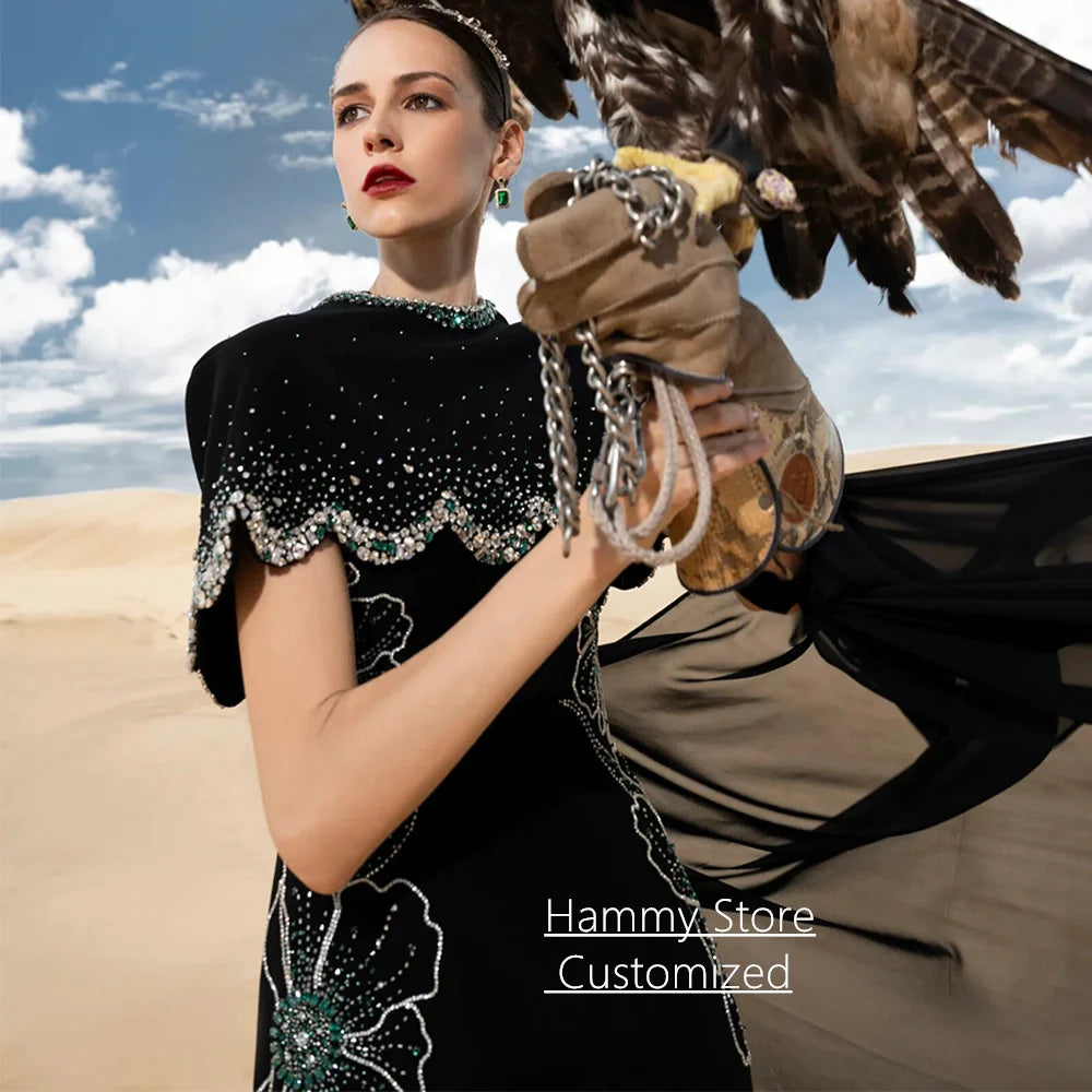 Luxury Evening Dress Customized Round Neck Sleeveless Beading Stone Engagement Dresses Wedding Party Gown with Cape