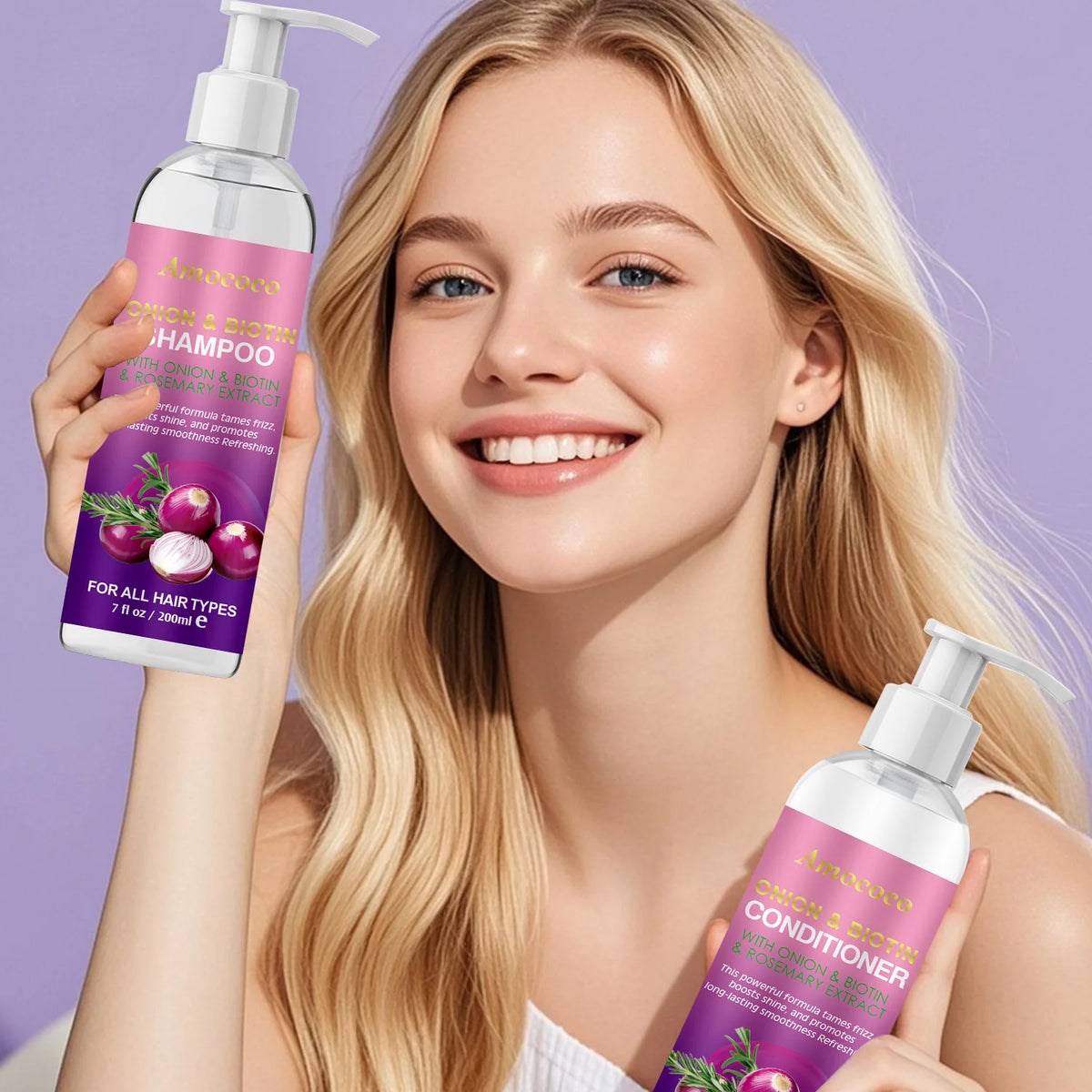 Amococo 2pcs X 200ml Shampoo and Conditioner Set with Onion Biotin Rosemary Hair Care Duo for All Hair Types Frizz Control Shine Boosting Sulfate Free