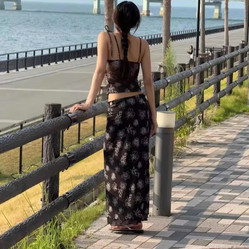 Retro Style Floral Embroidery Three Piece Swimsuit Slim Long Suspender Dress Women Holiday Beach Vacation Cover Up Bikini Outfit