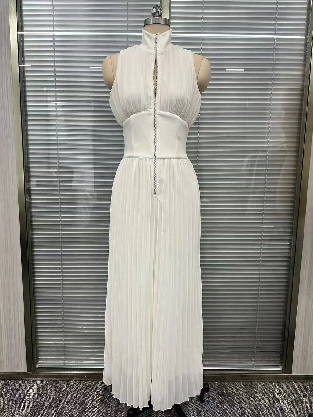 Spring Summer Women White Ruched Halter Jumpsuit Playsuit Wide Leg Romper