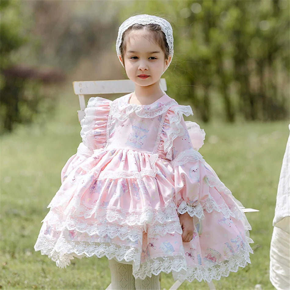 Kids Spring Autumn Lolita Dress Princess Long Sleeves Fancy Luxury Cute Costume Girls Floral Lace Vestido Toddler Birthday Gift