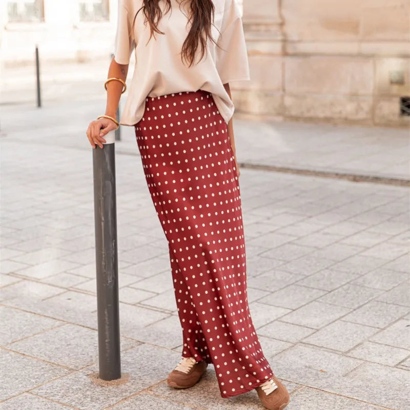 Women Polka Dot Maxi Skirt Elegant Bodycon A Line Flare Long Skirts Cute Dots Print Flowy Maxi Satin Skirt Vintage Streetwear
