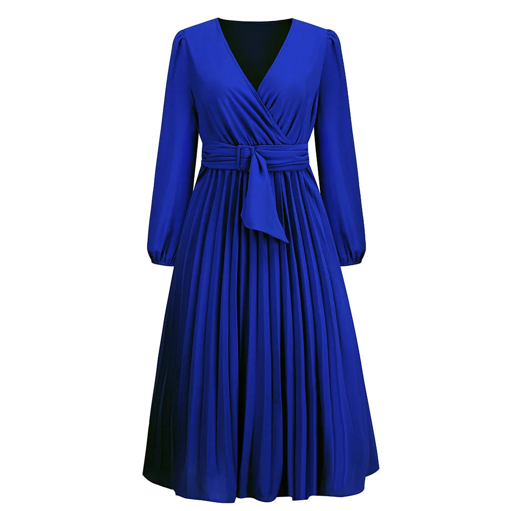 Elegant Women's Green Chiffon Autumn/Winter Long Sleeve Slim Fit Pleated Dress Fashion Women's V-neck Belt Party Dresses S-2XL