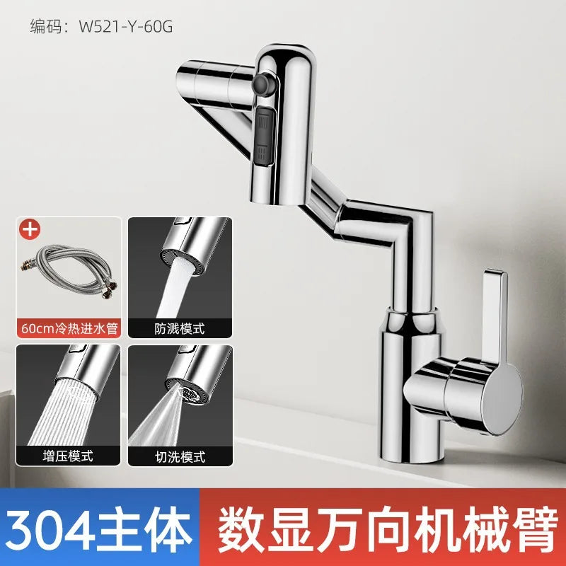 Stainless Steel Faucet Washbasin Bathroom Multi-functional Robotic Arm Universal Rotation for Hot and Cold Water Digital Display