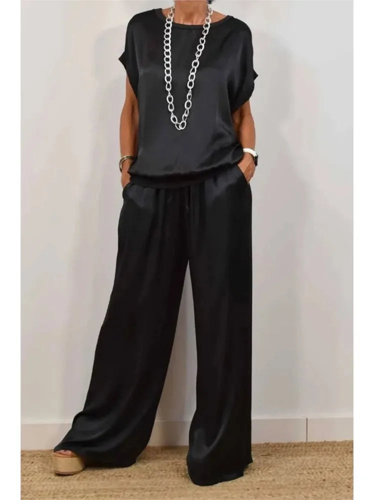 Spring Summer Fashion Solid Smooth Satin Two Piece Sets New Women's O-neck Short Sleeve Top + Wide Leg Pant Casual Loose Set