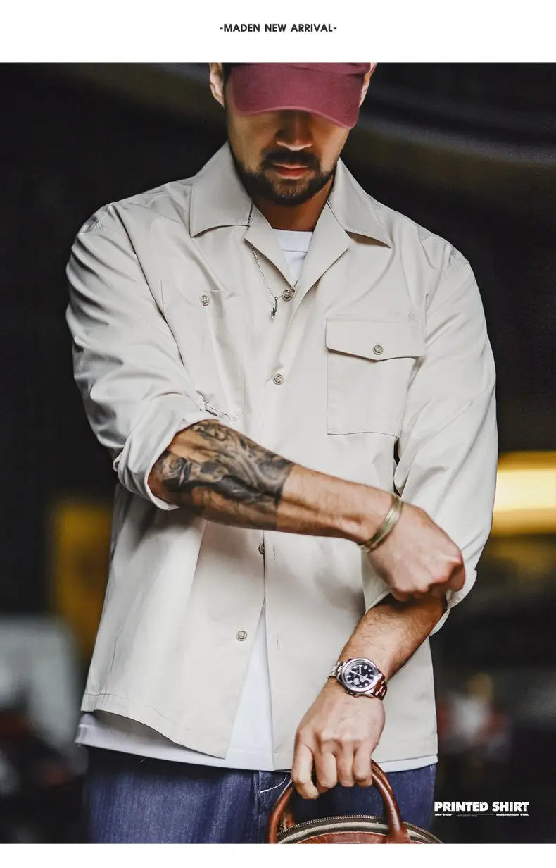 Maden Men's Vintage Printed Long Sleeve Shirt White Cuban Collar Single Breasted Blouse Loose Fit Shirt for Spring and Fall Tops