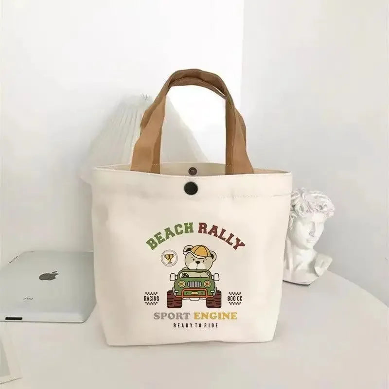 Cute Bear Canvas Mini Handheld Tote Bag Women Portable Lunch Bag Small Student School Handbag Ideal Gift Bag