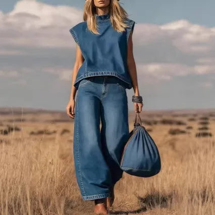 Denim Pant Set Women 2 Piece Sets Mock Neck Sleeveless Vests Wide Leg Pants Ankle Length Y2k Streetwear Vintage Washed Summer