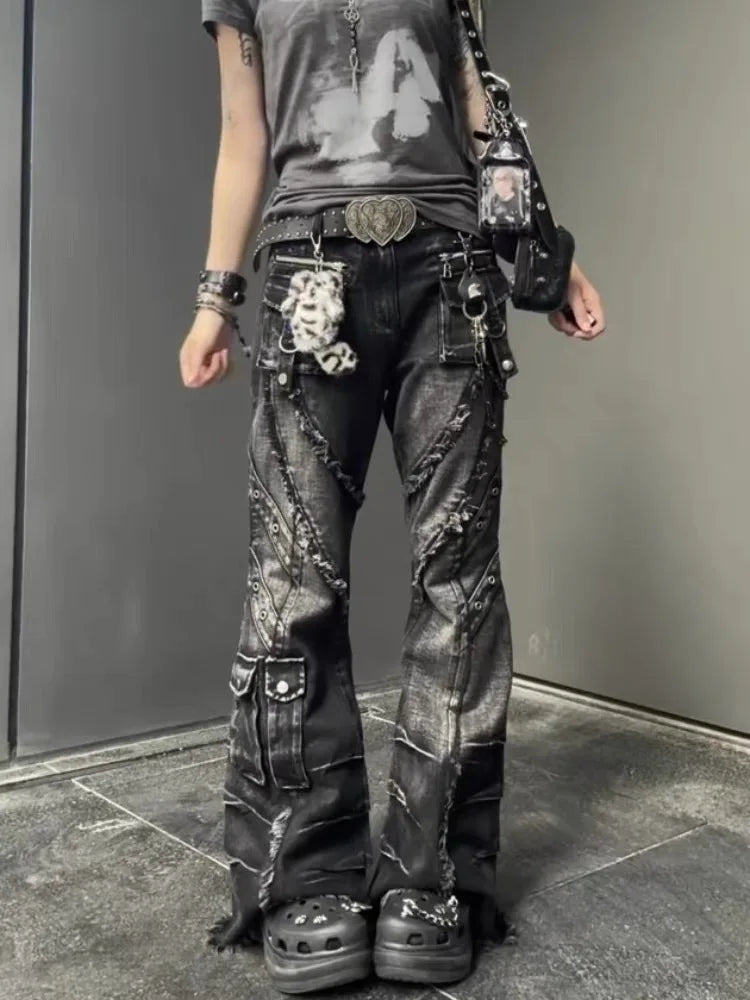 Women's Denim Pants Dark Academia Cargo Jean Flared Bell Bottom Designer Kpop Japanese 2026 Autumn Winter Y2k 2000s Goblin Core