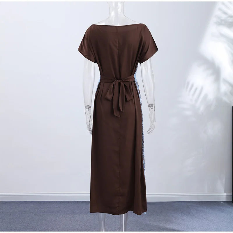 Elegant Lace Patchwork Long Women's Dress Urban Skew-collar Short Sleeve Empire Female Dresses 2026 Summer Vacation Lady Robe