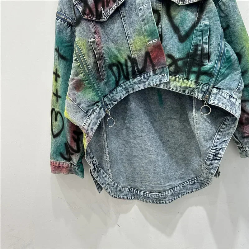 Hand-painted Graffiti Letter Print Denim Coat Zipper Decoration Women Loose Casual Lapel Long Sleeve Irregular Hem Jeans Jacket
