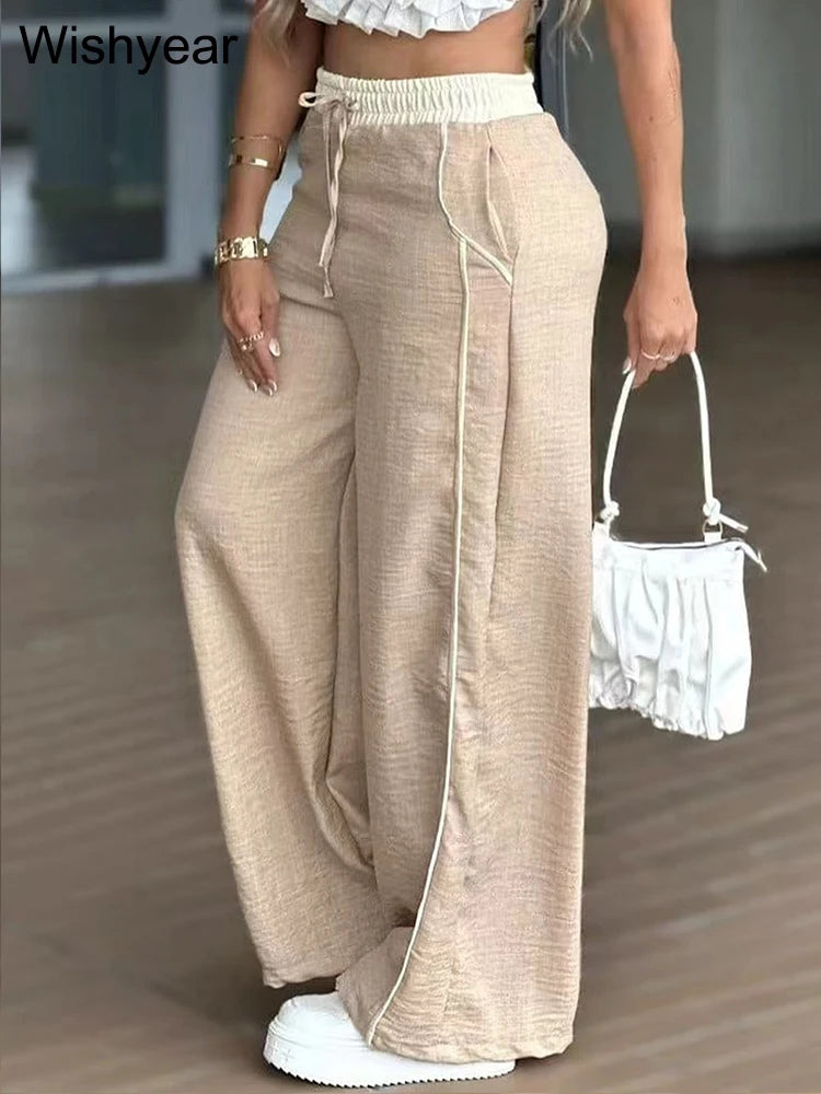 Women's Summer Wide Leg Pants High Waisted Drawstring Palazzo Trousers Lightweight Breathable Loose Fit for Beach Vacation Daily