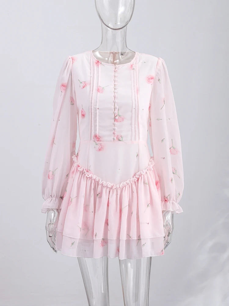 Women Rose Print Dress Puff Long Sleeve Mini Dress Sheer Mesh Ruffle Hem Button Front Fairy Party Short Dresses Summer Wear