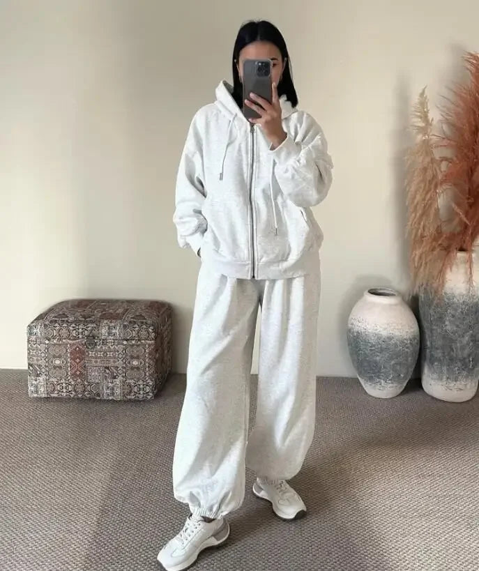 Women's Sports Suit Hooded Sweatshirt Tie Up Pants Two Piece Set Street Style Long Sleeve Solid Color Spring Fashion Outfit