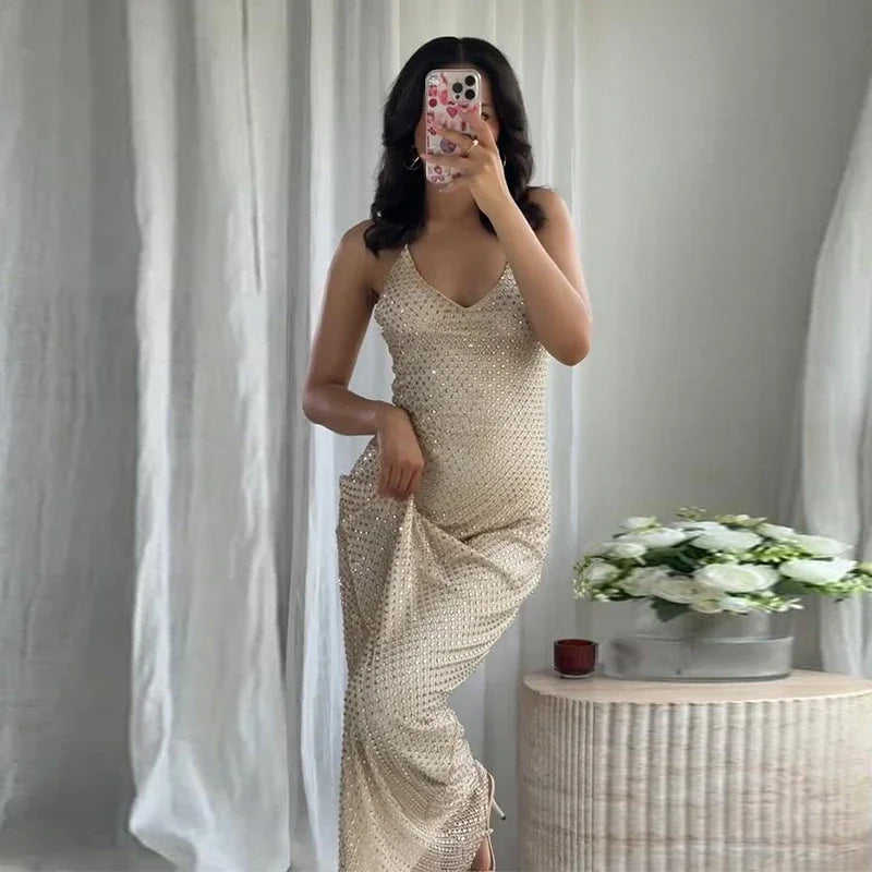Stylish Rhinestones Dresses Elegant Women Sleeveless Backless Glitter Hip Package Dress 2025 New Crystal Lady Evening Party Robe