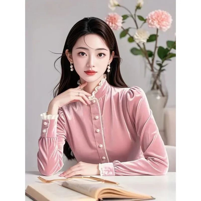 2025 Long-sleeved Autumn Winter New Style Stand-up Collar Lace Slim Shirt with Western Style Temperament Velvet Shirt Base Top