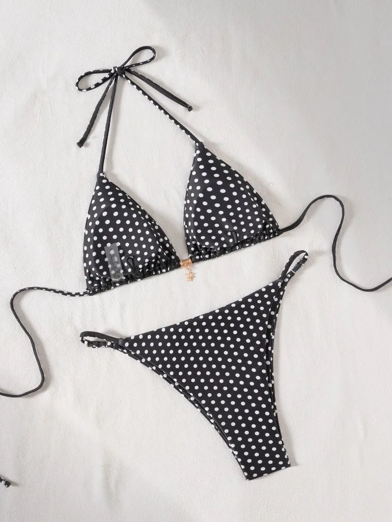 Retro Polka Dot Bikini Set Women Swimsuit Female Swimwear Micro Thong Bikinis Brazilian Halter Beach Wear Lace Up Bathing Suit
