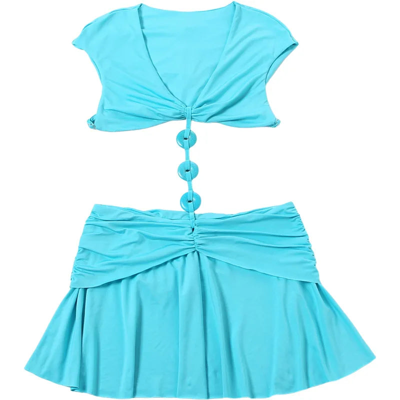 Blue Deep V Waist Cut Out Mini Dress Three Ring Connector O Ring Detail Ruched Sexy Beach Music Festival