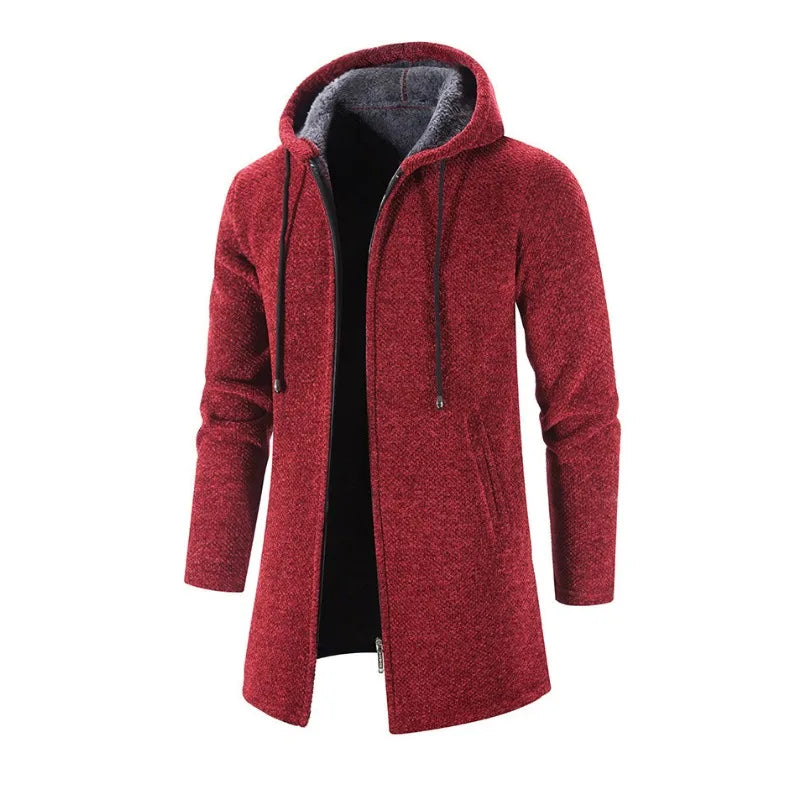 KIDWHXR Man Autumn Winter Cardigan Jacket Fleece Warm Hooded Sweater Coat Male Mid Length Long Sleeve Male Casual Outerwear