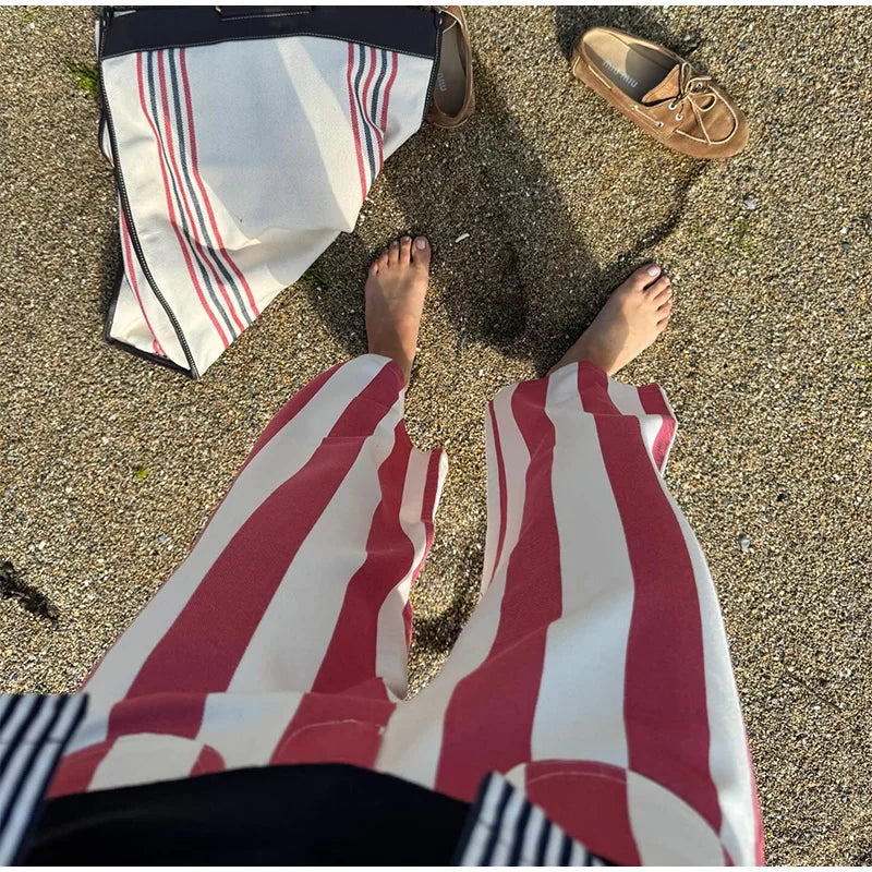Striped Zipper High-Waisted Trousers Slim Fit Flare Leg Double Pocket 2026 Summer Casual Women Bottom Fashion Chic Lady Pants