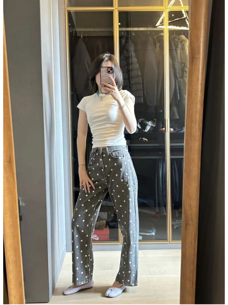 ETJ 2026 New Women's High Waist Polka Dot Wide Leg Jeans Casual Straight Denim Pants Fashion Summer Loose Fit Trousers