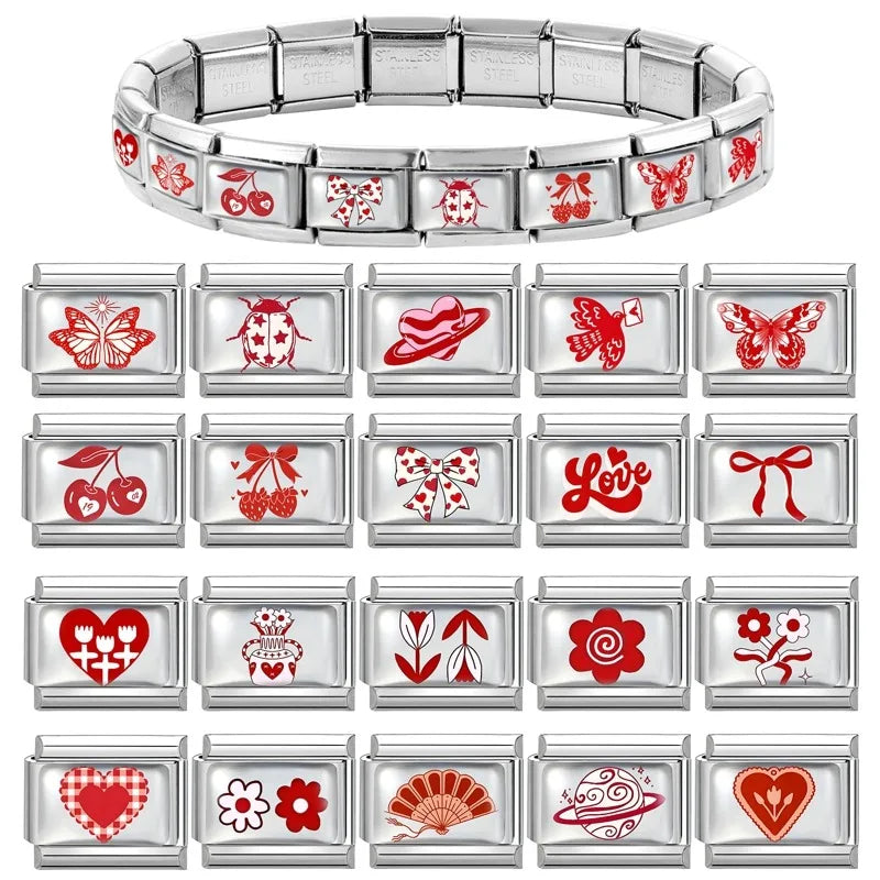 Fashion Red Series Heart Flower Bowknot Cherry Women Men Charm Link fit 9mm Stainless Steel Italian Bracelet Making DIY Jewelry