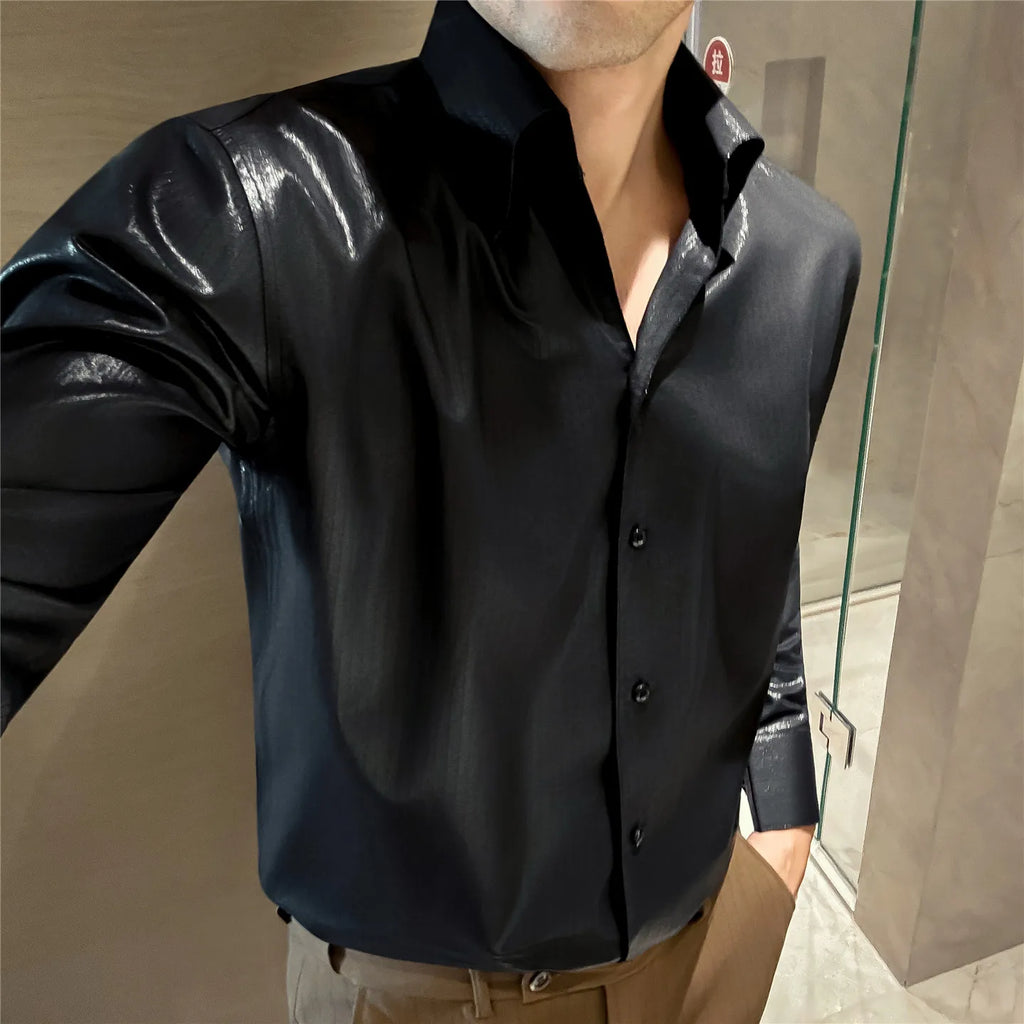 Men's 2026 Spring Luxury Lyocell Cotton Shirt, Leather-Like Texture Jacquard V-Neck, Long Sleeve Business Casual Top