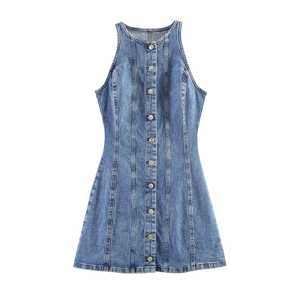 European and American style women's new 2026 fashionable temperament solid color sleeveless mini denim dress