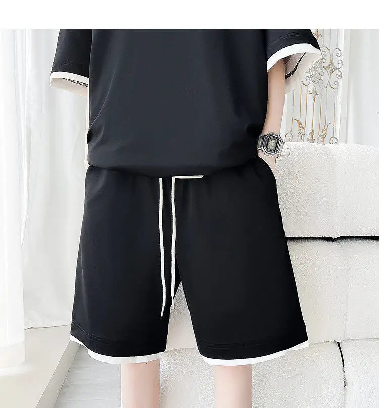 Men's Solid Color 2-Piece Outfit Short Sleeve T-Shirt & Drawstring Elastic Waist Shorts Set Casual Lounge & Streetwear Clothing