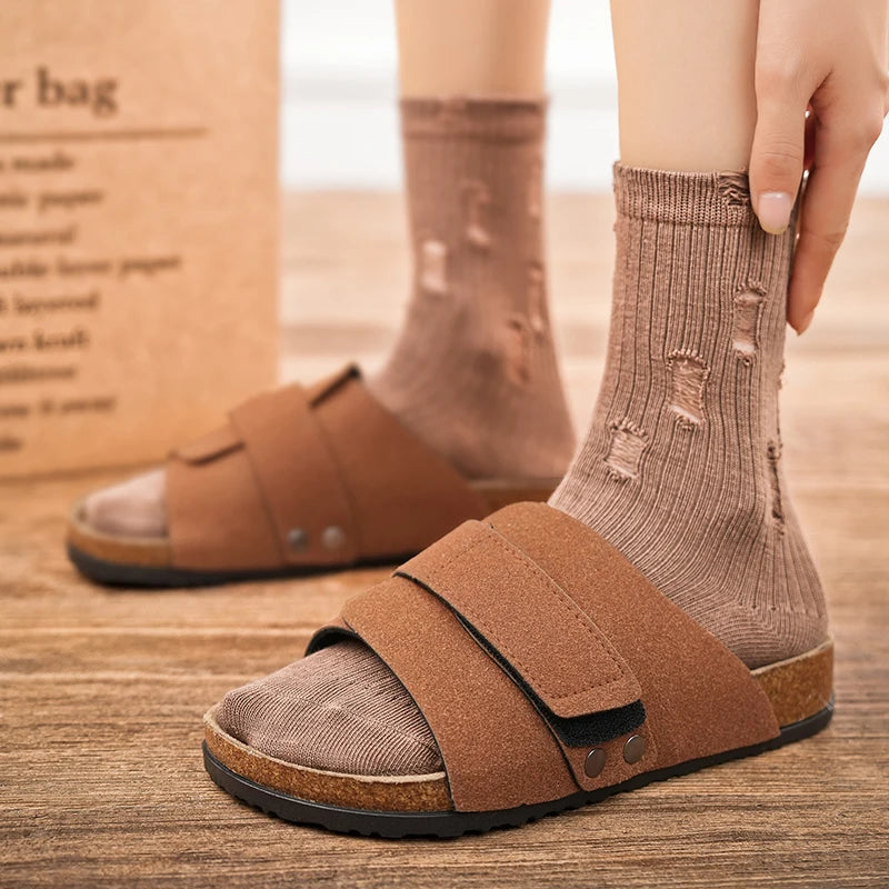 Men's Cork Slippers Suede Leather Clogs with Open Upper Comfort Footbed Adjustable Sandals Slides Indoor Home Shoes Women Couple