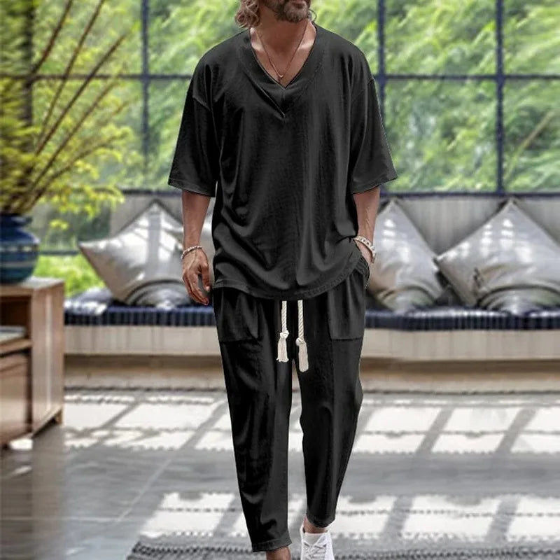 2026 Men Two Piece Sets Fashion Solid Tracksuits Summer Half Sleeve V-neck T-Shirt and Pants Loose Casual Outfit Male Streetwear