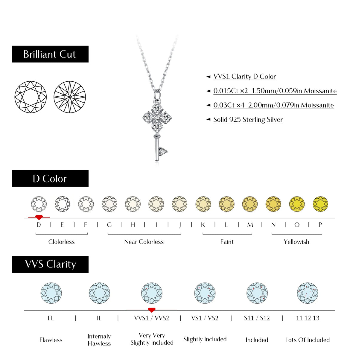 MODIAN D Color Moissanite Four Leaf Clover Key Pendant Necklace 925 Sterling Silver Lab Diamond Chain Fine Jewelry For Women