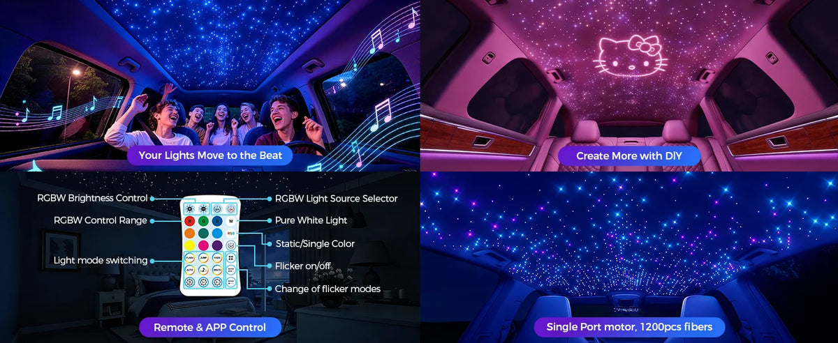 VASTFIRE Mini 16W 500/1000pcs Fiber Optic Starlight Headliner Kit for Car Home 6.5ft End Glow Fiber Strands Sound-Activated APP& Remote Control Starlight Engine