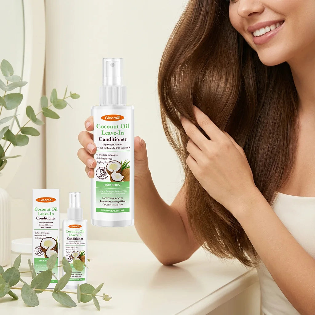 Gleamxi Coconut Oil Leave-In Conditioner Spray Softens Detangles Dry Tangled Minimizes Frizz Boosts Shine Hair Care Product