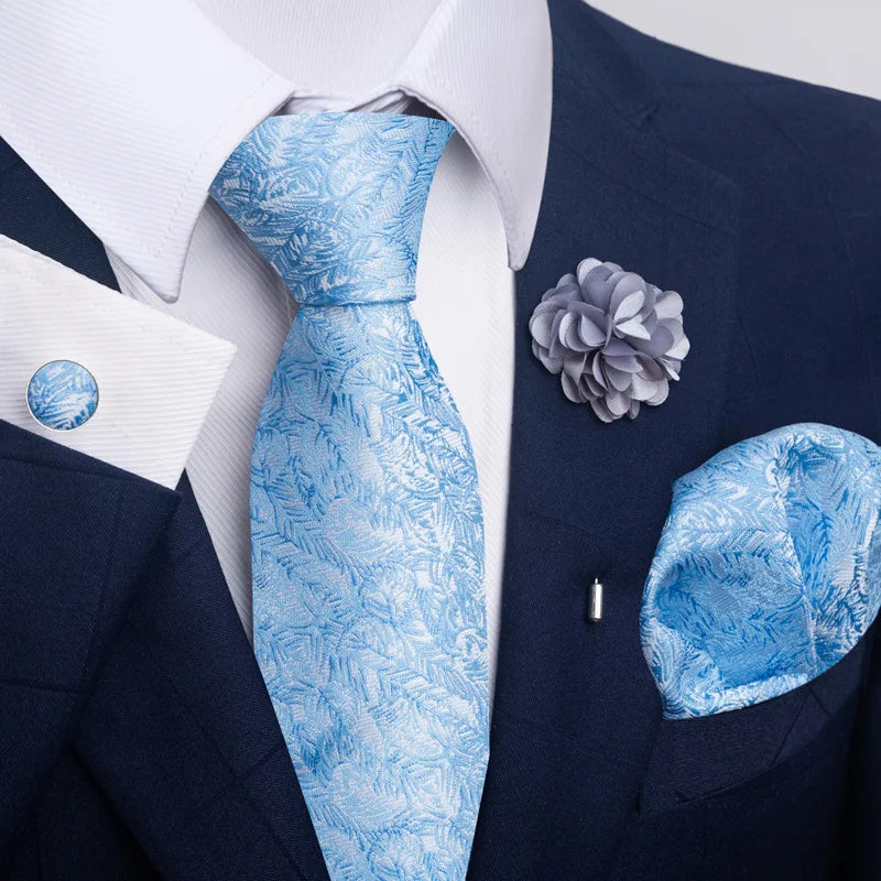 Hot Sale Luxury 8 Cm Blue Floral Ties Pocket Square Cufflinks Brooch Set For Man Suit Accessories Holiday Gift Fit Formal Party