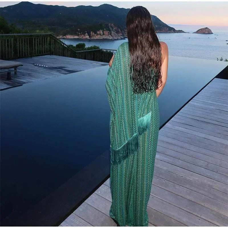 Elegant Tassel Hem Long Dress Women Loose V-neck Full Sleeve Scarf Dresses 2025 Autumn Party Evening Dresses Luxurious Lady Robe