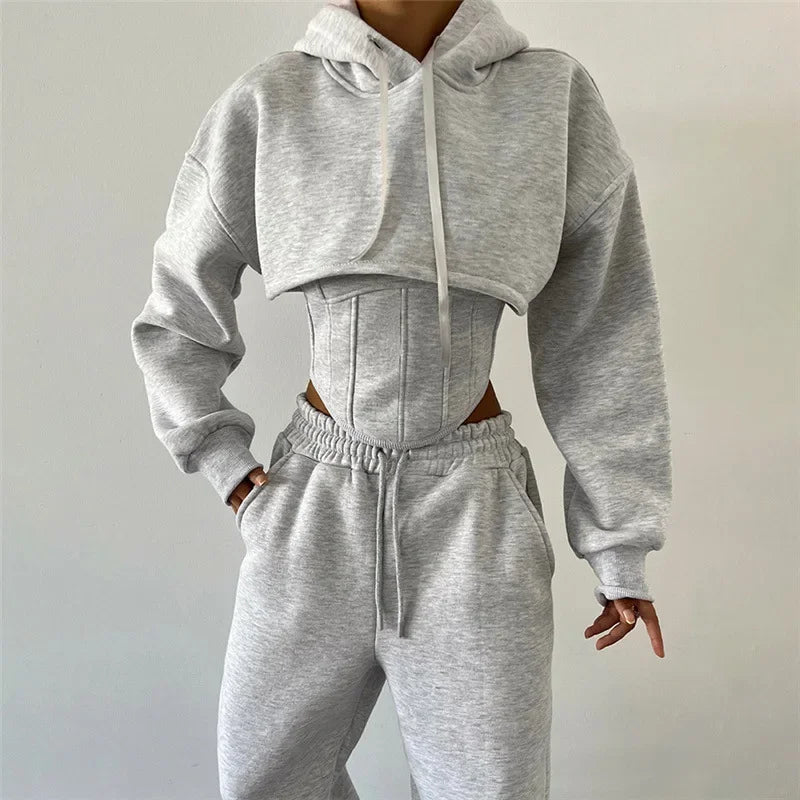 Y2K Sexy Sportswear Women's 3 Piece Set Long Sleeved Hooded Cardigan+slim Fit Strapless Vest+straight Leg Wide Pants