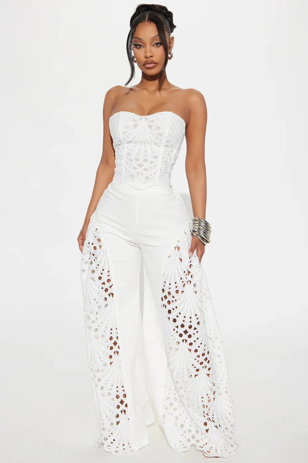 Women's Solid Color Pants Sets Hollow Out Lace Tube Top Cropped Top High Waist Trousers Two Piece Set Sexy Hot Girl Streetwear