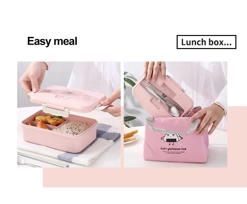 Microwave Lunch Box Wheat Straw Bento Box With Dinnerware Food Storage Container Children Kids School Office Portable Bento Box