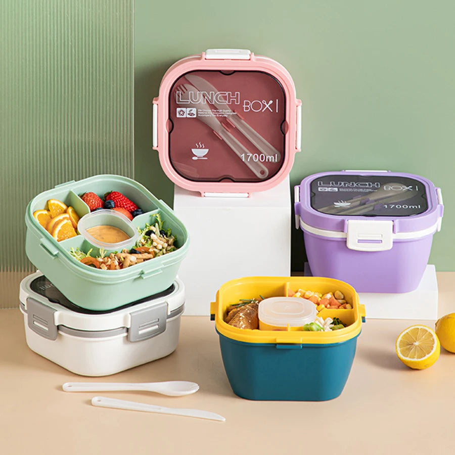 Double Stackable Lunch Box, 50 oz. Large Salad Bowl, 4 Compartment Tray, 3 oz. Sauce Container, Built-In Reusable Fork & Spoon