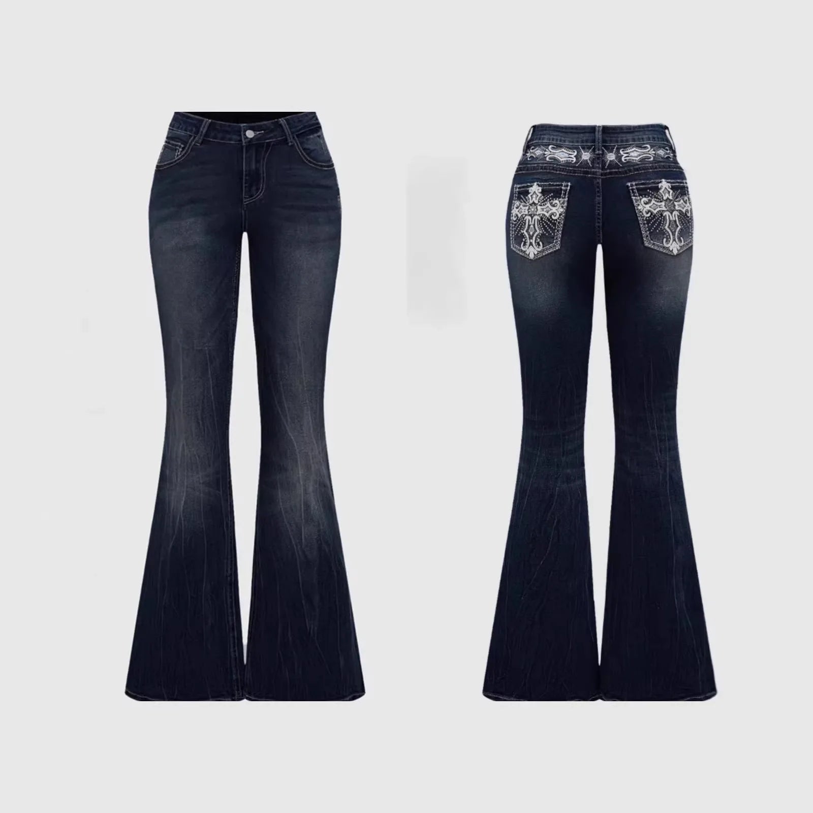 Denim Pant Women Bootcut Jeans Embroidery Vintage Washed Mid Waist Straight Trousers Slim Fit Y2k Streetwear Work Casual Summer
