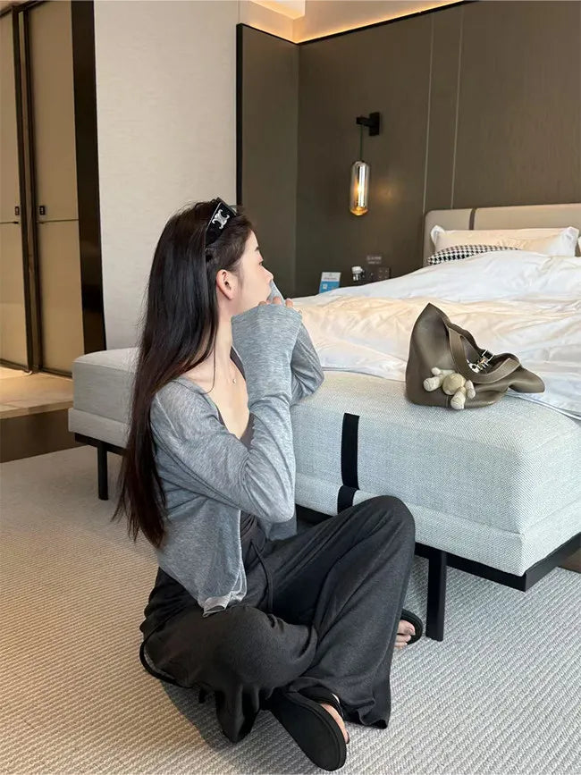 Women's Straight Pants Spring Summer Loose Casual High Waist Wide-leg Pants Drawstring Solid Gray Trousers Women