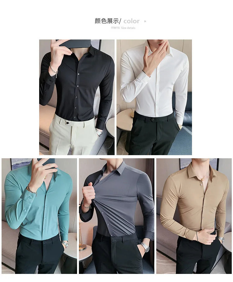 Men's Ultra Stretch Seamless Long Sleeve Shirt Top Quality Business Casual Breathable Stretchable Solid Color Formal Dress Shirt
