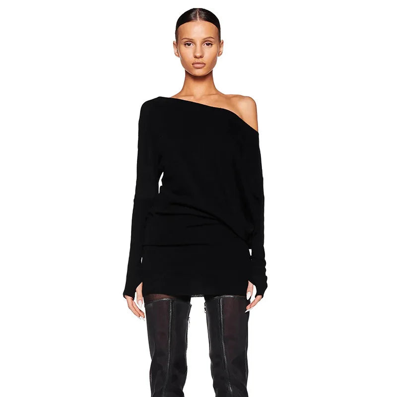 Women's Off-Shoulder Mini Dress Long Sleeve Oblique Neck Bodycon Sexy Short Fashion for Party Club Fall Winter