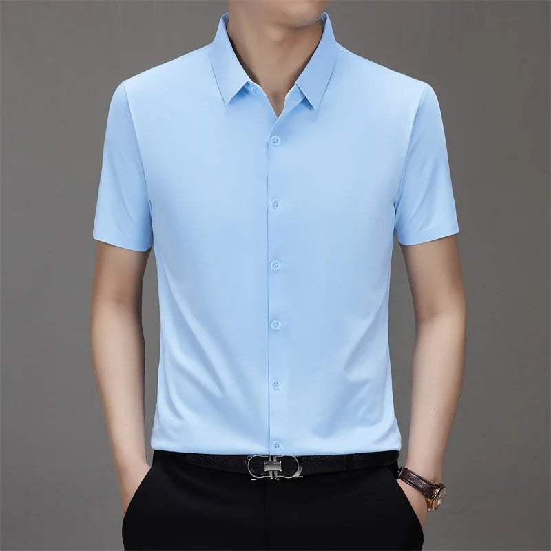 New Men's Business Casual Solid Color Short Sleeved Shirt for Summer Fashion No Ironing Comfortable and Versatile Top