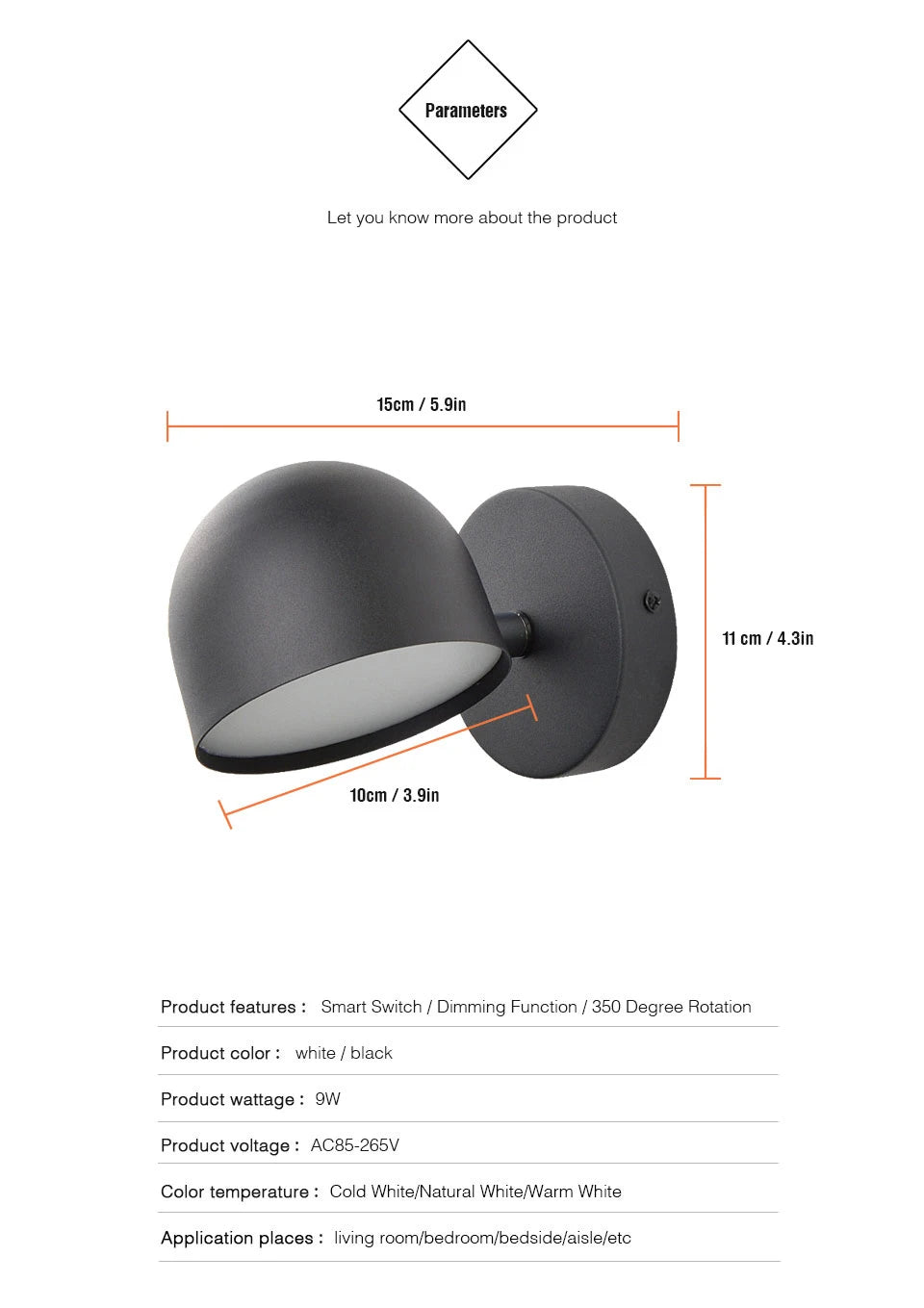 LED Indoor Wall Lamp Touch Dimming Wall Light 350° Rotatable Black White Lamp Hotel Aisle Bedroom Bedside Reading Wall Sconce